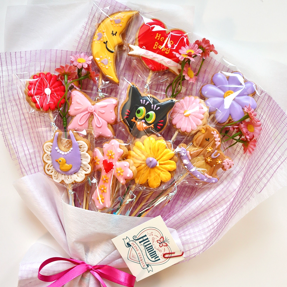 黒猫やお花のブーケ型アイシングクッキー